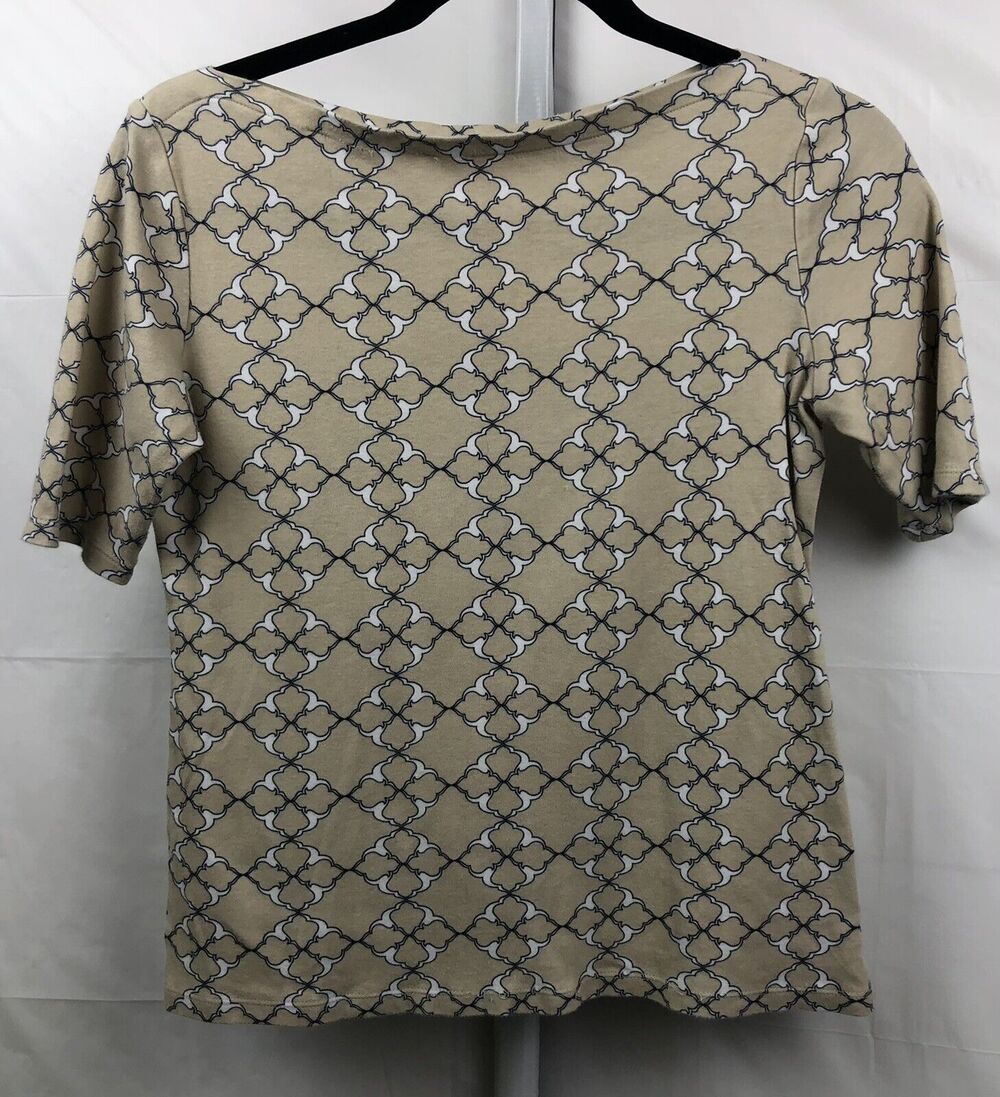 Charter Club Top Women XS Taupe Geo 100% Pima Cotton Stretch Boat Neck Short Slv